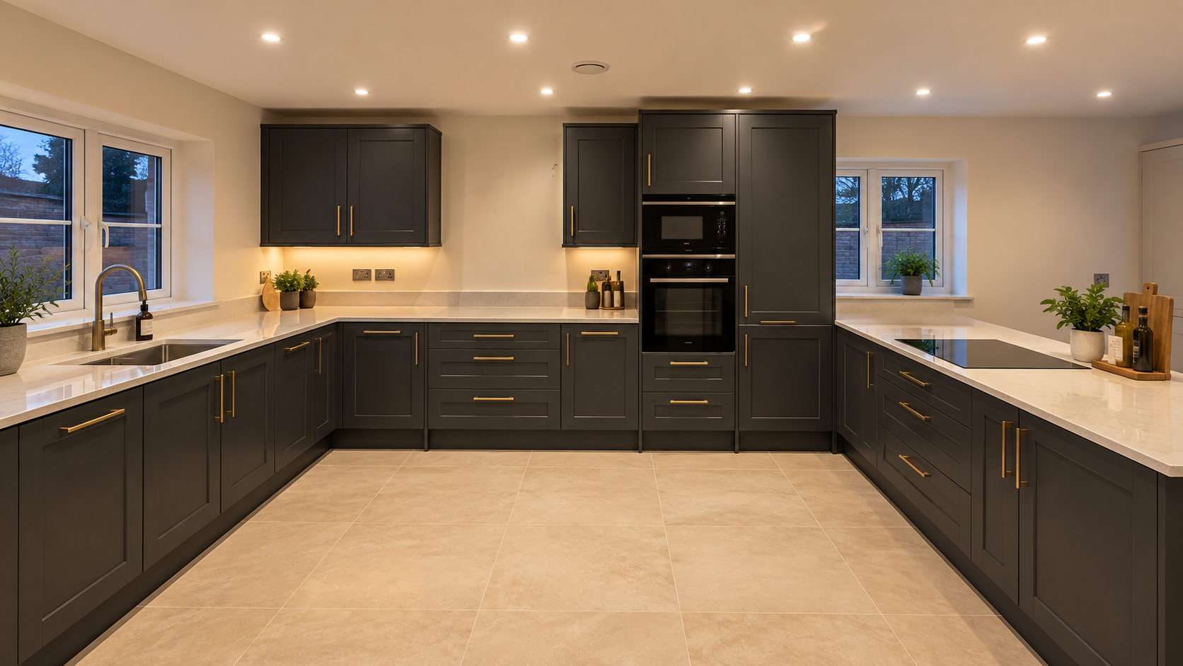 Charcoal kitchen with a large island and integrated appliances