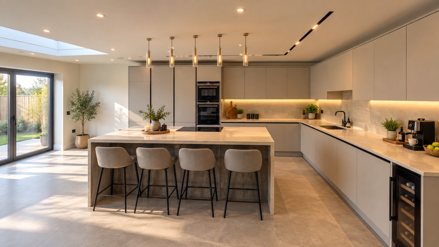 Contemporary handleless kitchen with island