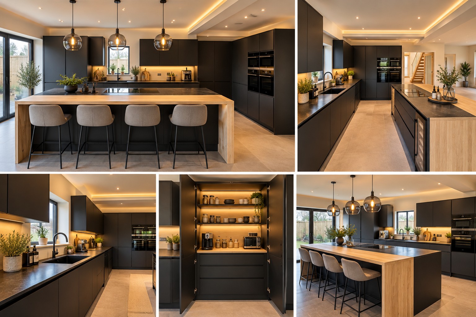 Dark modern kitchen with warm lighting