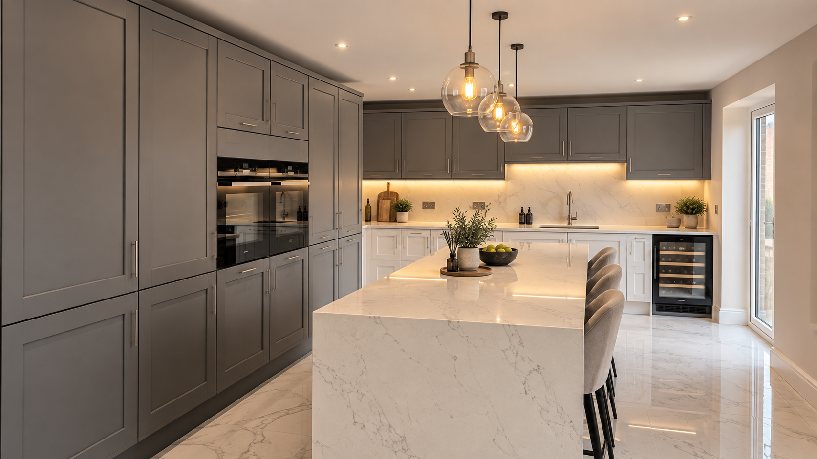 Soft grey kitchen with marble-effect island