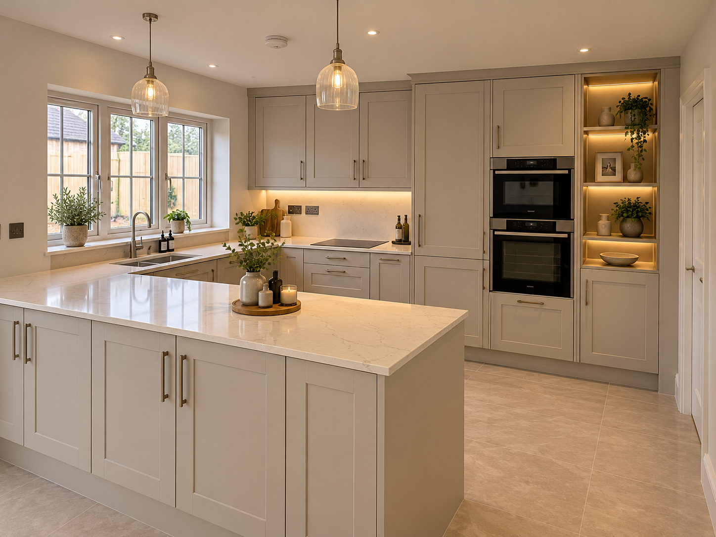 Warm greige shaker kitchen with display shelving