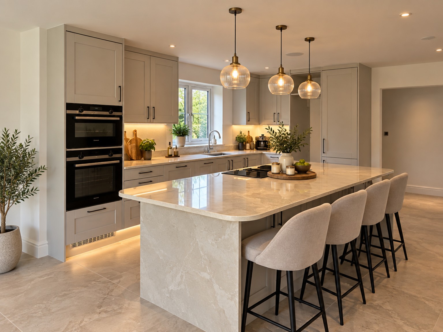 Warm neutral kitchen with a large island